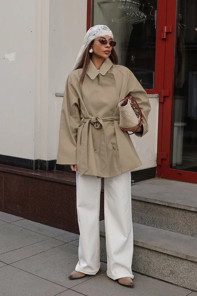 Vintage Khaki Belted Trench Midi Coat - Image 2