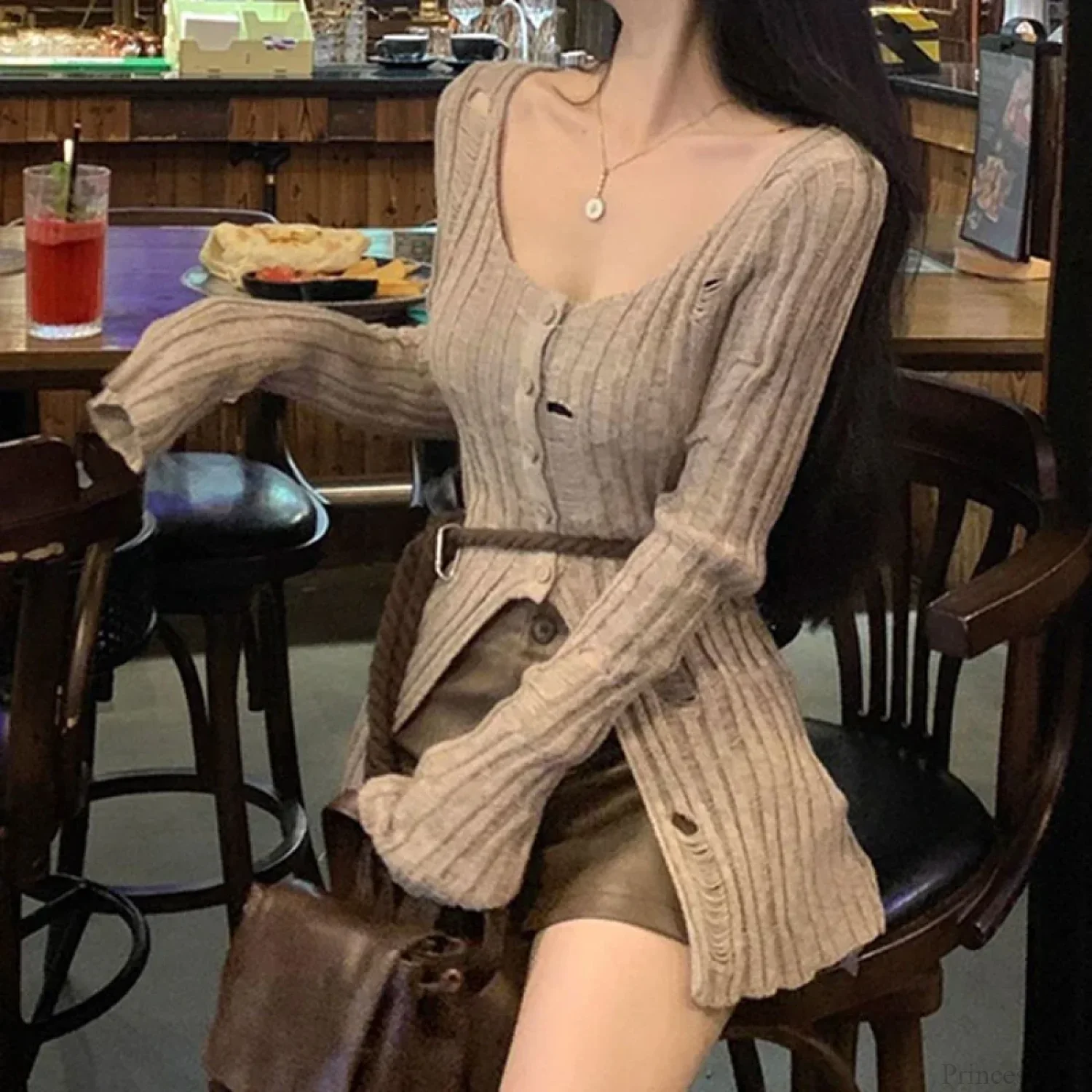 Vintage Knitted Spring Long Sleeve Button Closure Slim Knit Top - Image 5