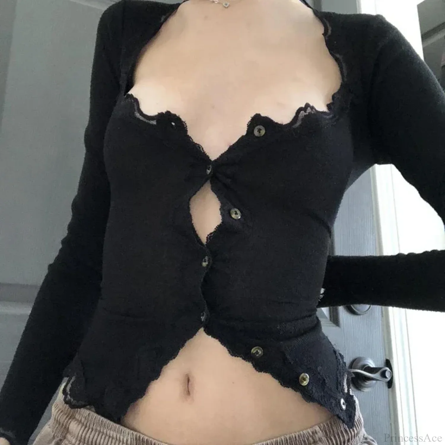 Vintage Lace Trim Button Low Cut Slim Fit Knit Top - Image 4