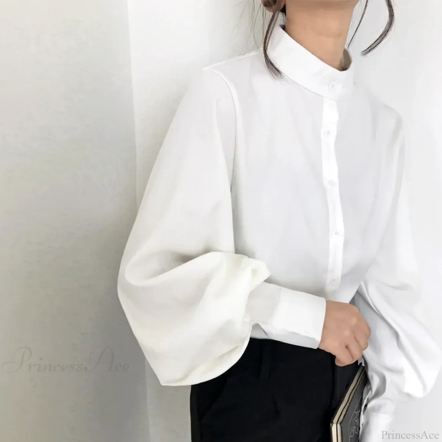 Vintage Lantern Sleeve Loose Stand Collar Blouse - Image 3