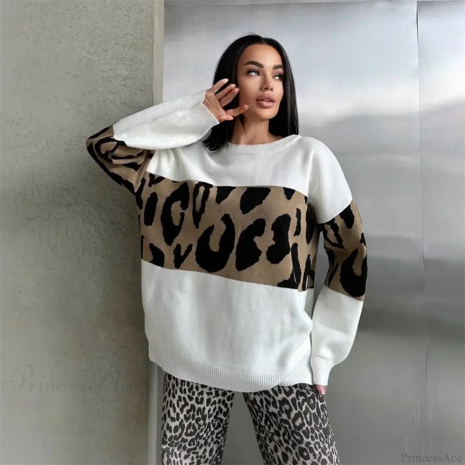 Vintage Leopard Print Loose Oversized Sweater - Image 2