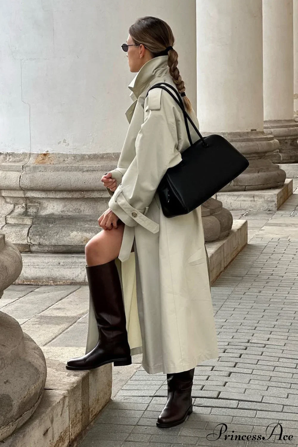 Vintage Loose Long Belted Waist Trench Overcoat - Image 4