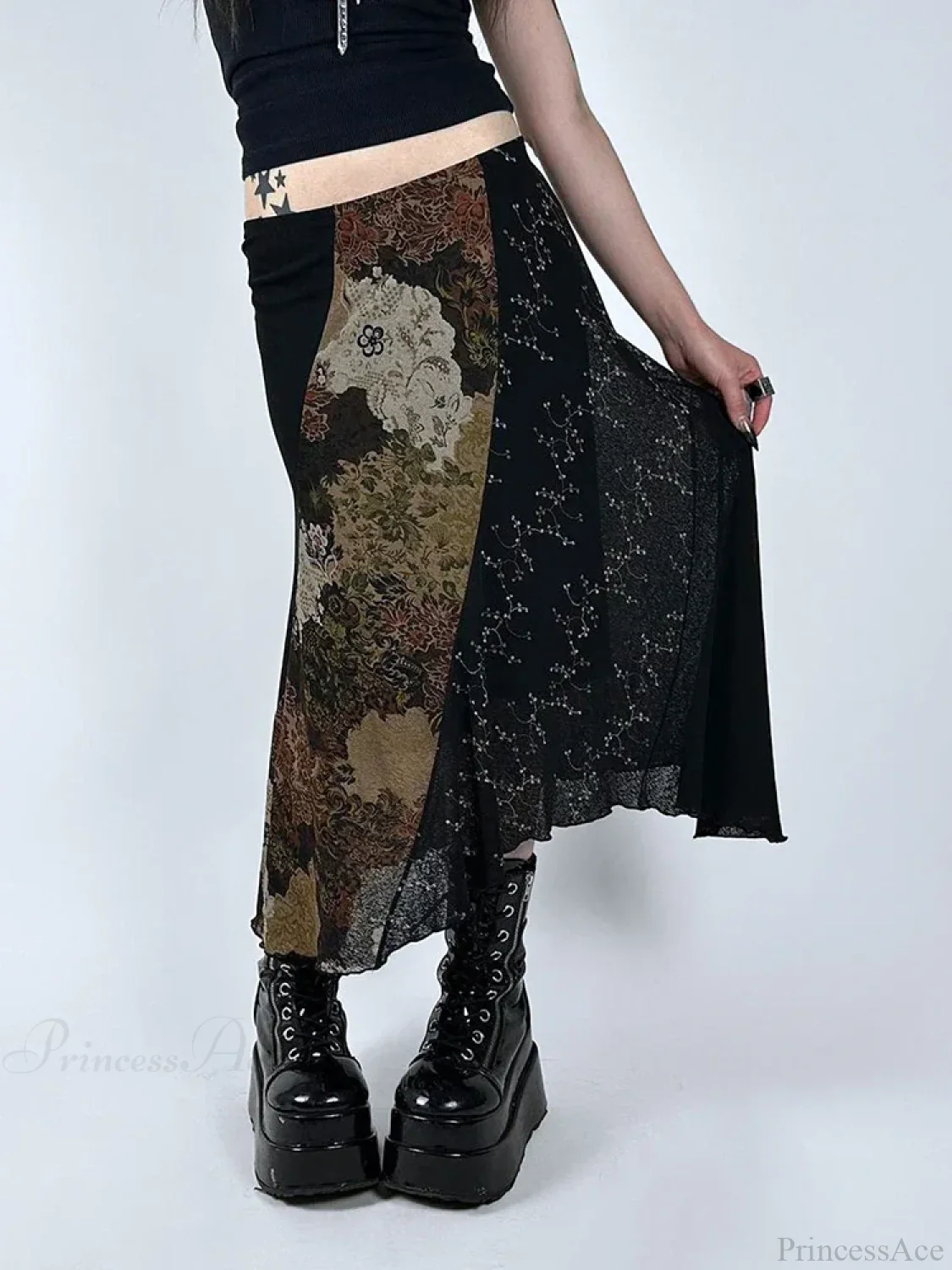 Vintage Patchwork Floral Mesh Skirt Holiday Casual