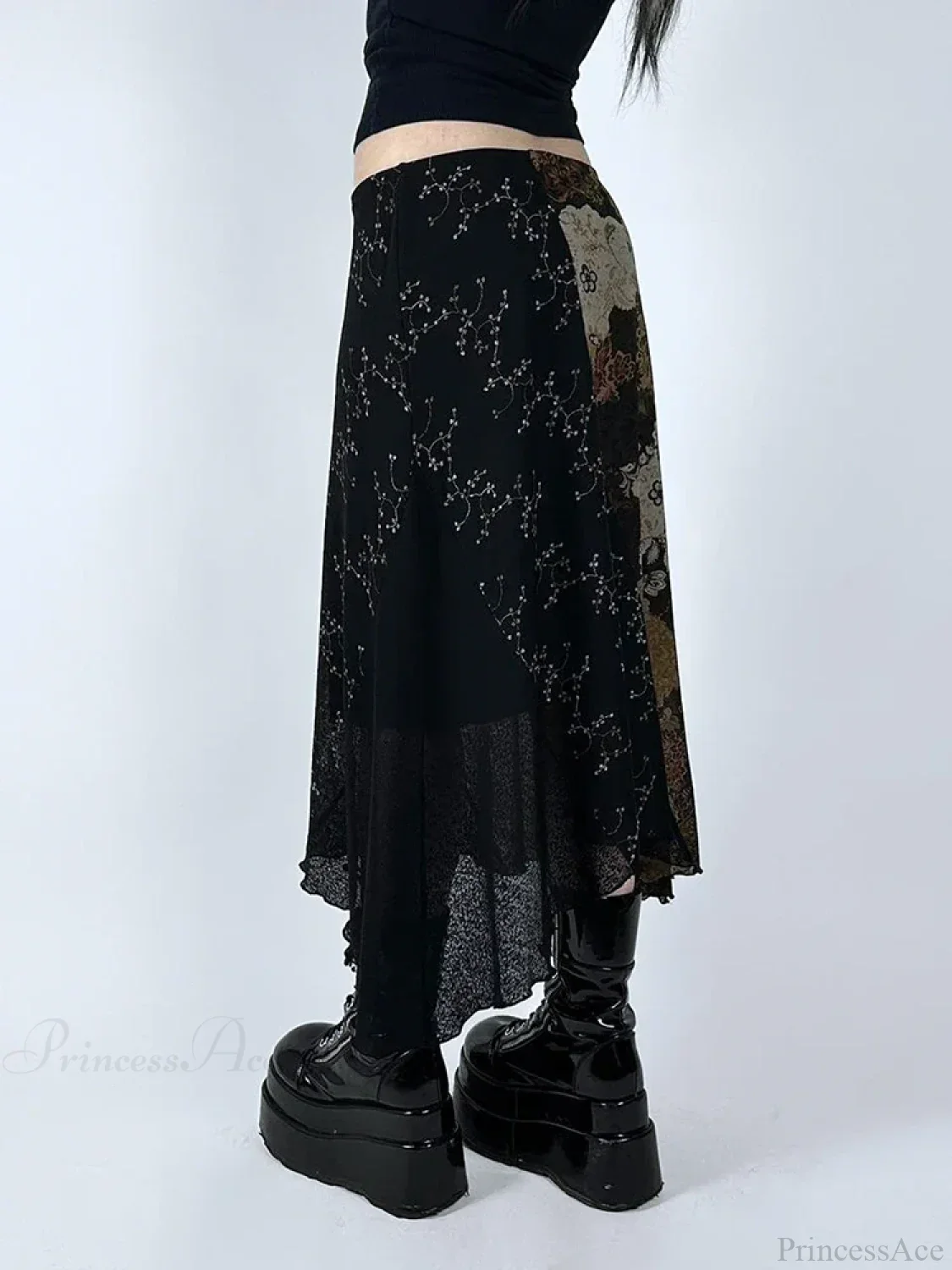Vintage Patchwork Floral Mesh Skirt Holiday Casual - Image 2