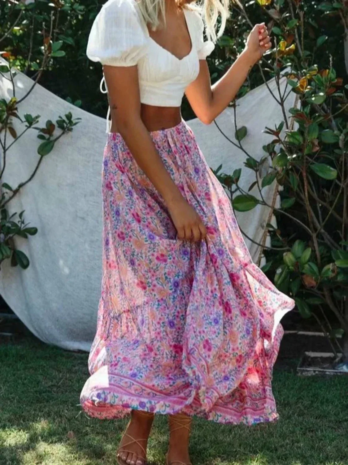 Vintage Pink Floral Print Split Beach Bohemian Maxi Skirt - Image 2