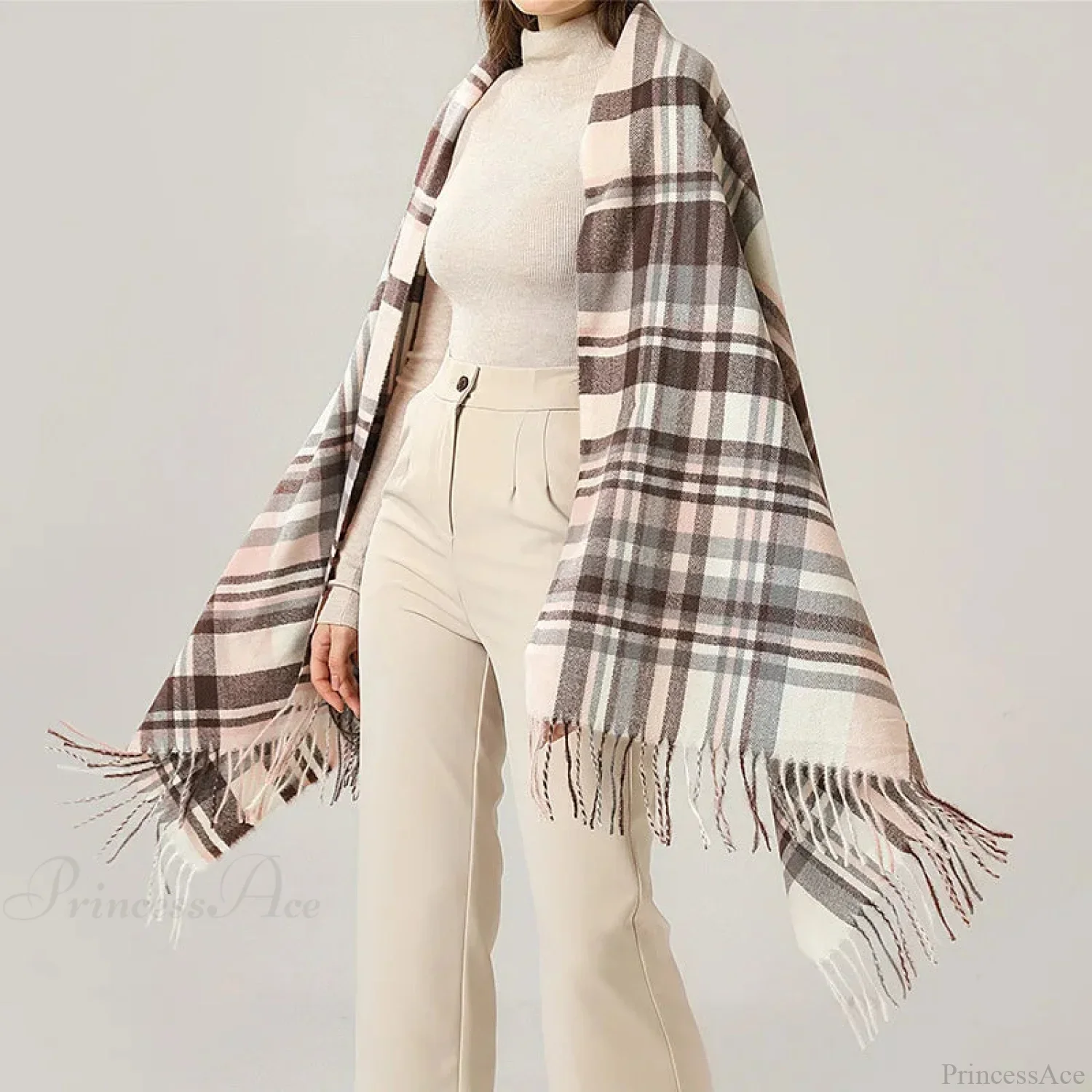 Vintage Plaid Cashmere Knit Tassel Scarf for Women - Image 3