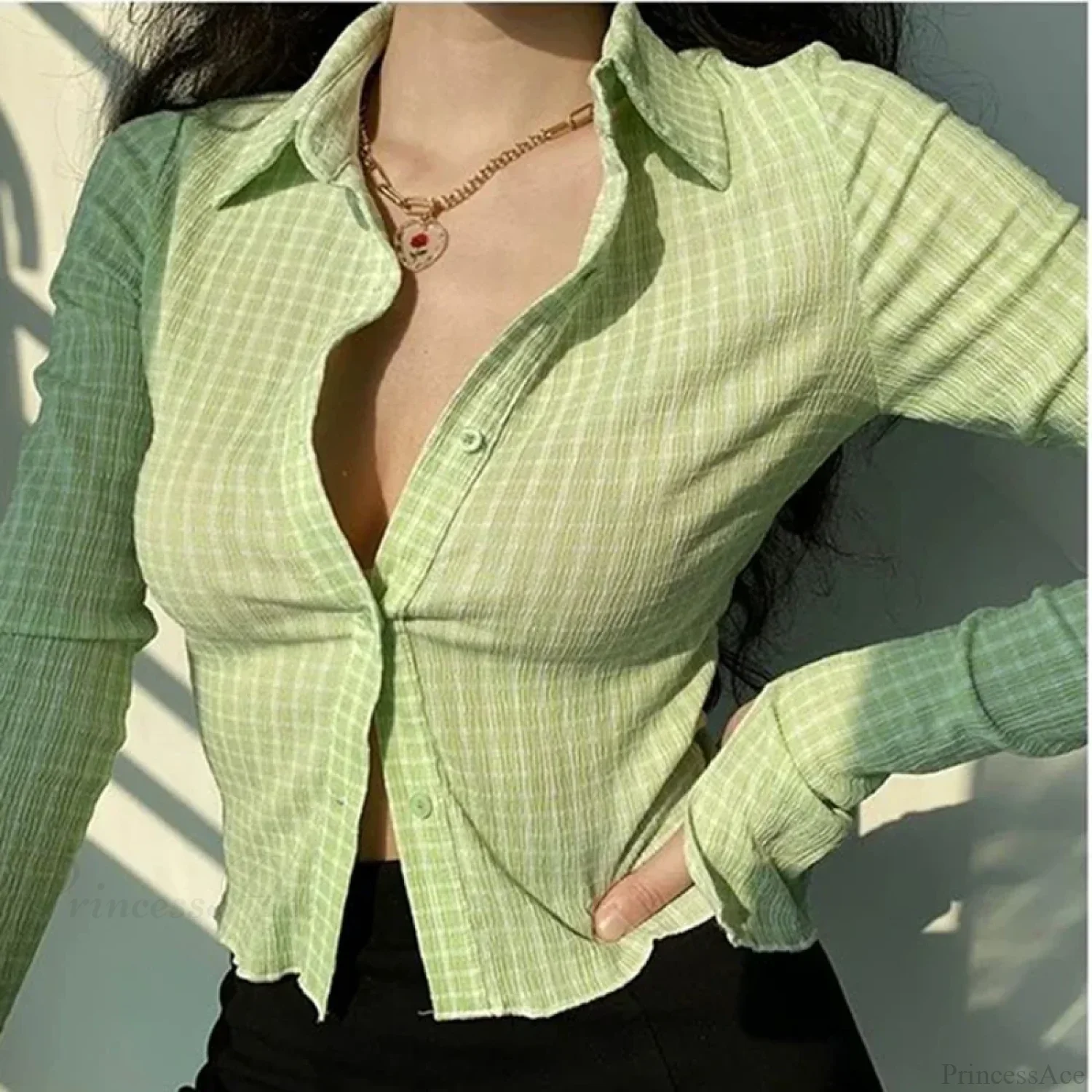 Vintage Plaid Long Sleeve Blouse - Image 2