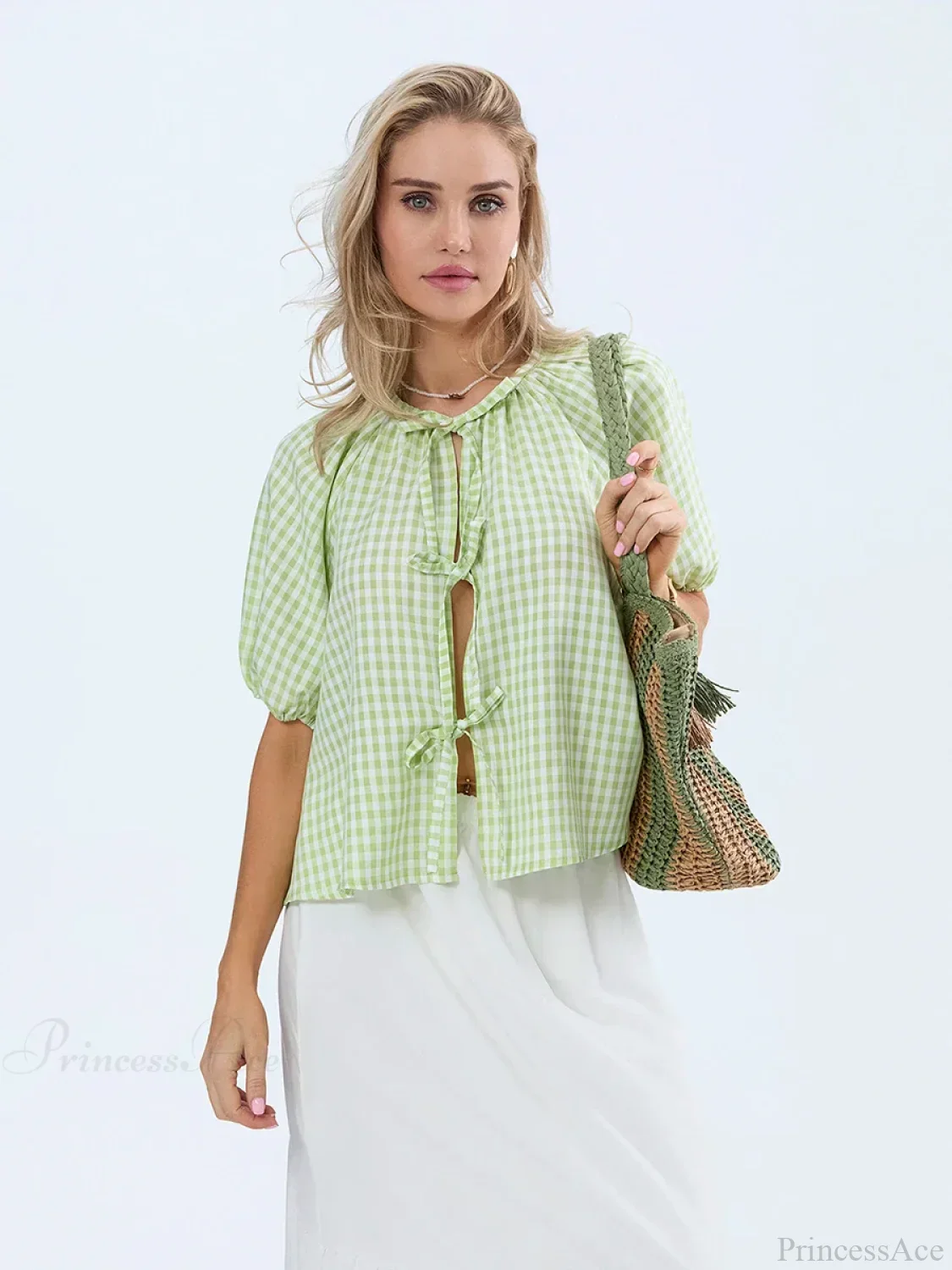 Vintage Plaid Tie-Up Blouse - Image 2