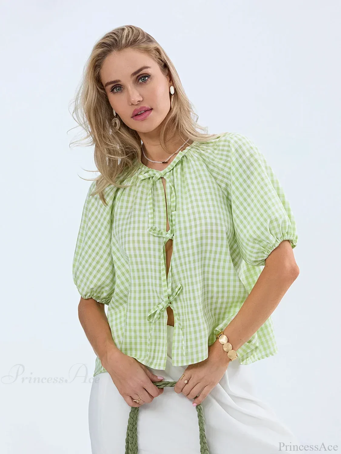 Vintage Plaid Tie-Up Blouse - Image 3