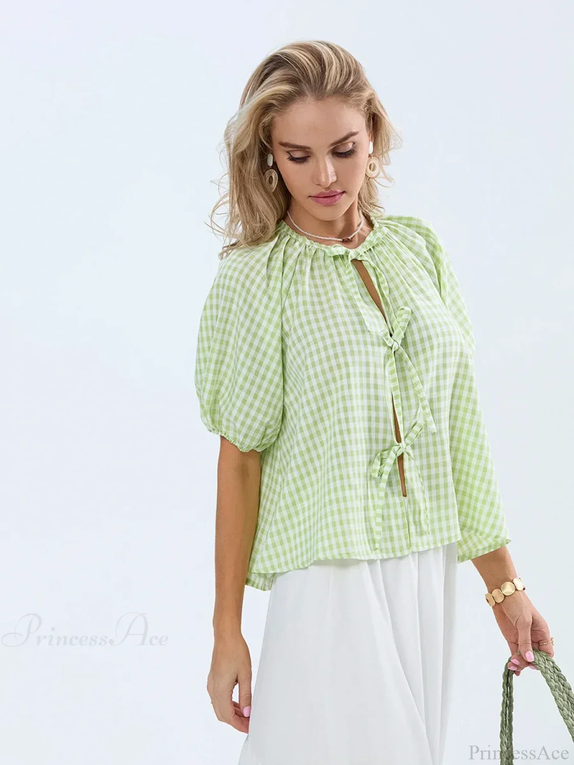 Vintage Plaid Tie-Up Blouse - Image 4