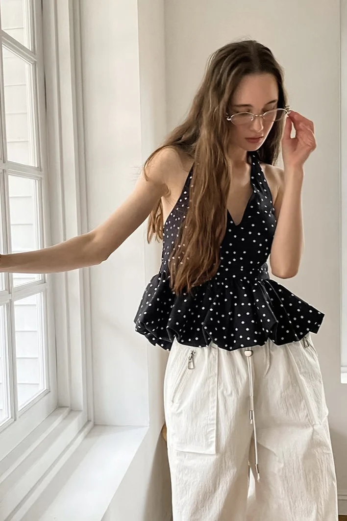 Vintage Polka Dot Tie Halter Crop Top
