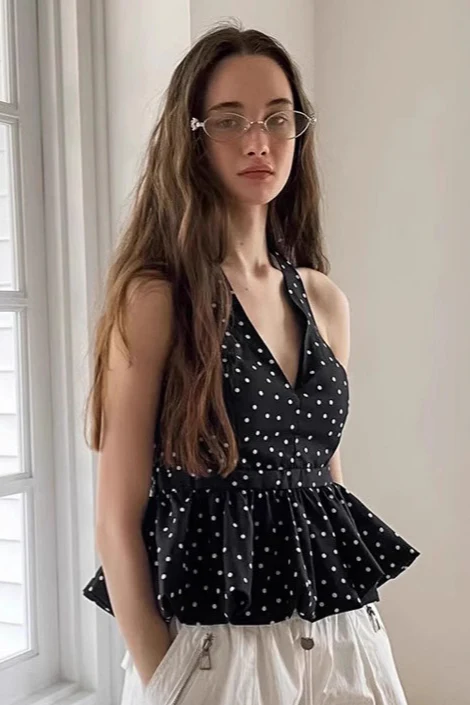 Vintage Polka Dot Tie Halter Crop Top - Image 2