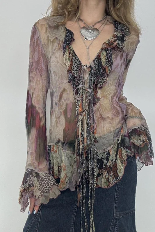 Vintage Print Contrast Mesh Tie Blouse