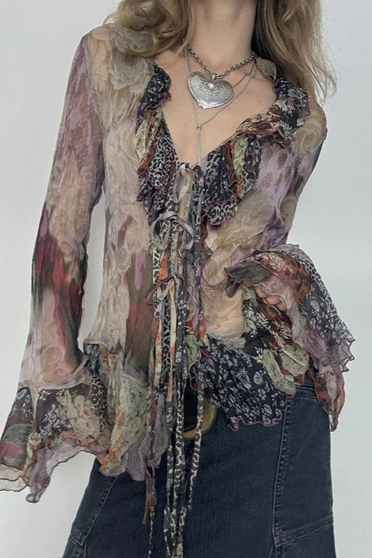 Vintage Print Contrast Mesh Tie Blouse - Image 2