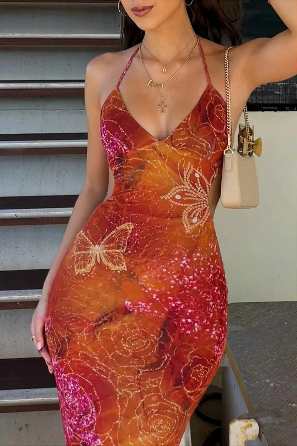 Vintage Printed Floral Lace-Up Floral Dress - Image 4
