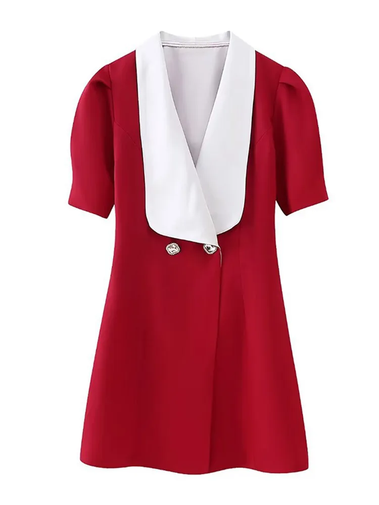 Vintage Red Contrasting Button Mini Dresses Elegant V Neck A-Line Party Dress - Image 6