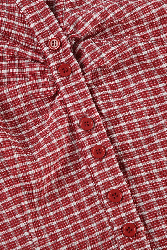 Vintage Red Plaid Polo Collar Button-Down Cropped Blouse - Image 4