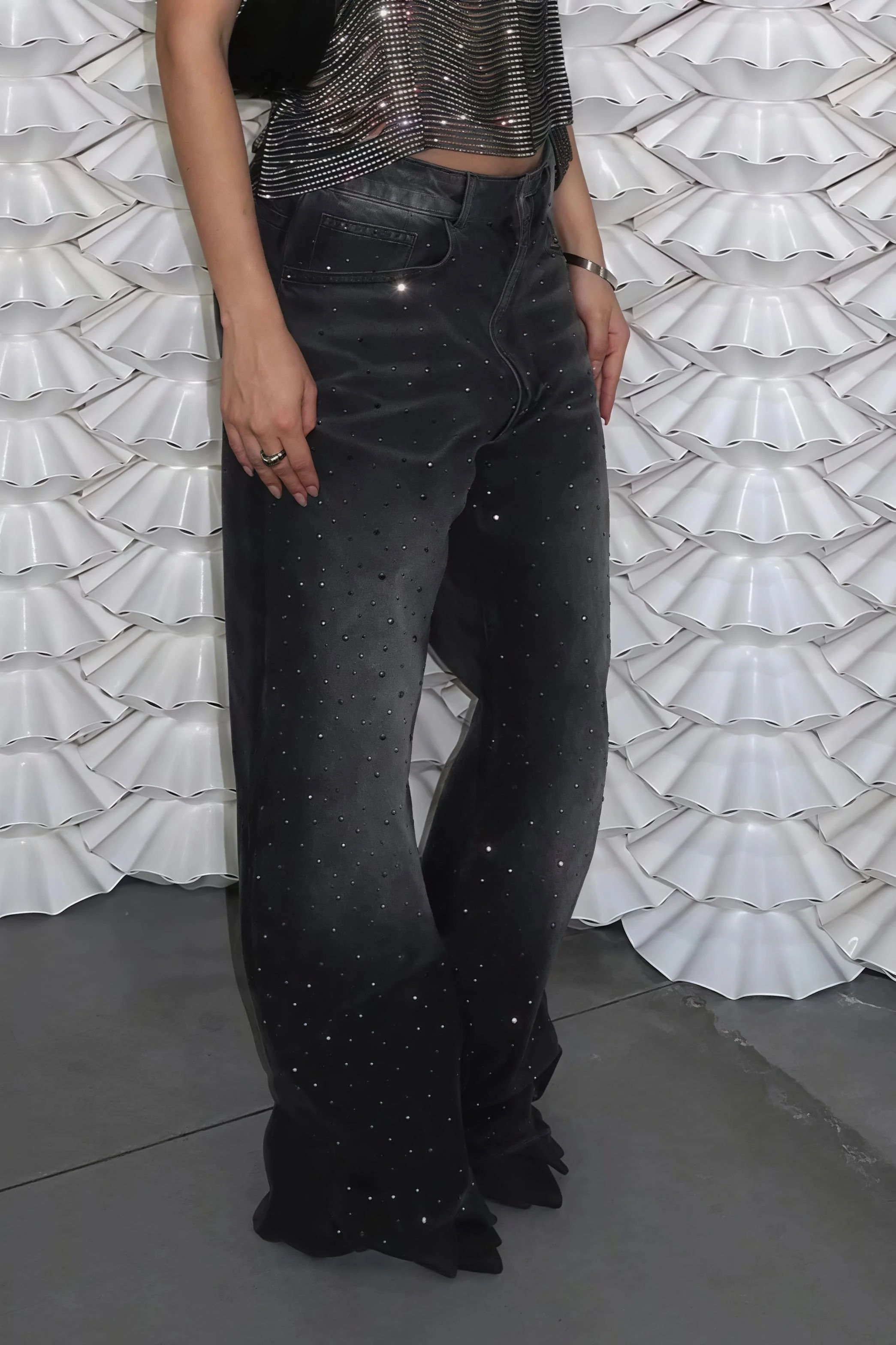 Vintage Rhinestone Distressed Low Waist Wide Leg Jeans - Image 2