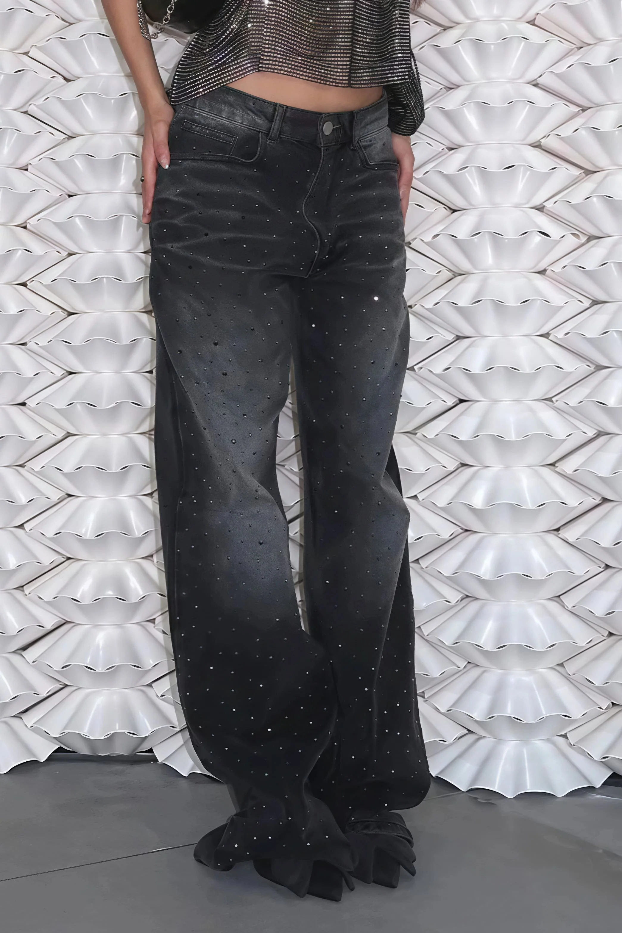 Vintage Rhinestone Distressed Low Waist Wide Leg Jeans - Image 3