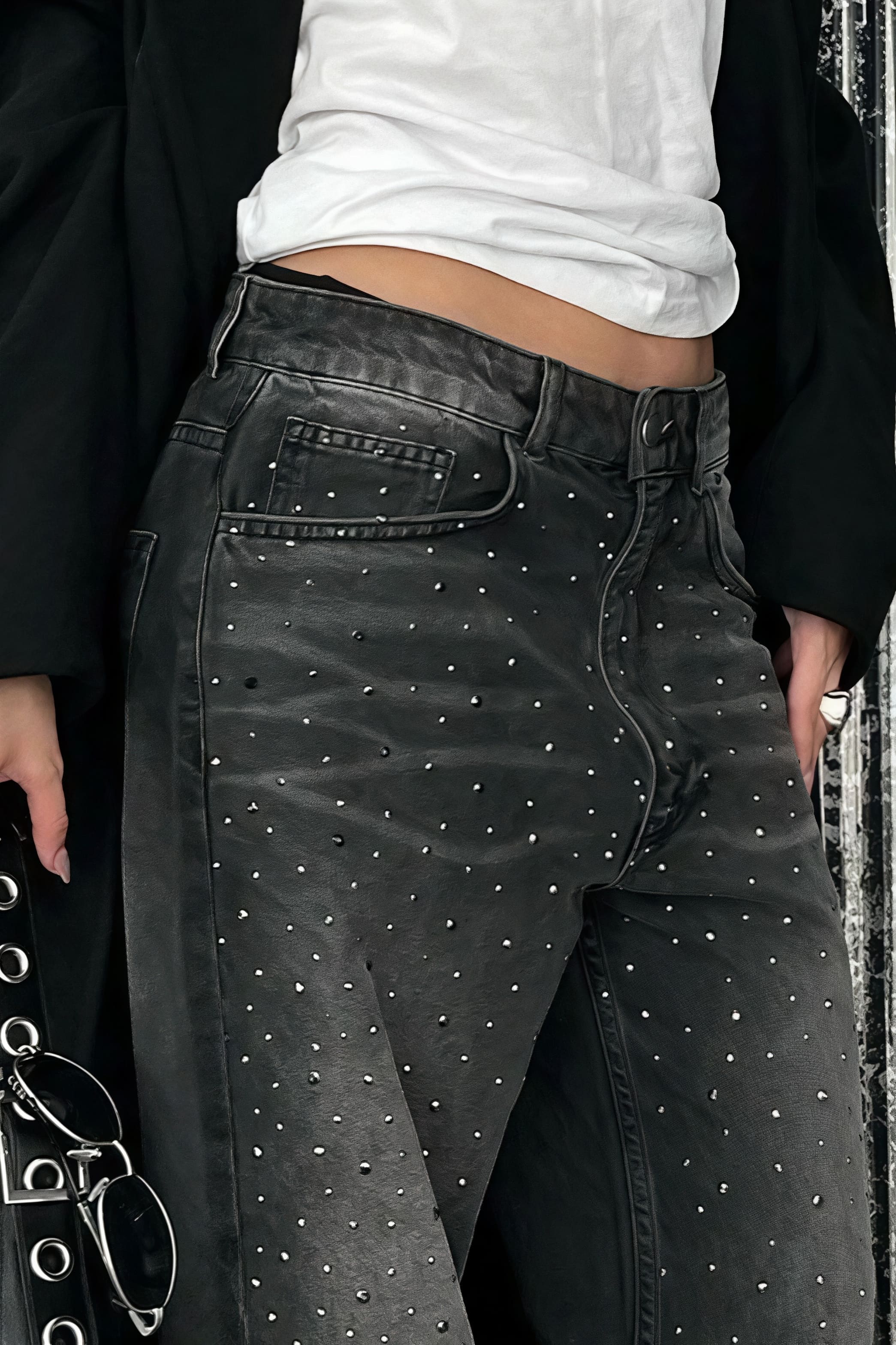 Vintage Rhinestone Distressed Low Waist Wide Leg Jeans - Image 4