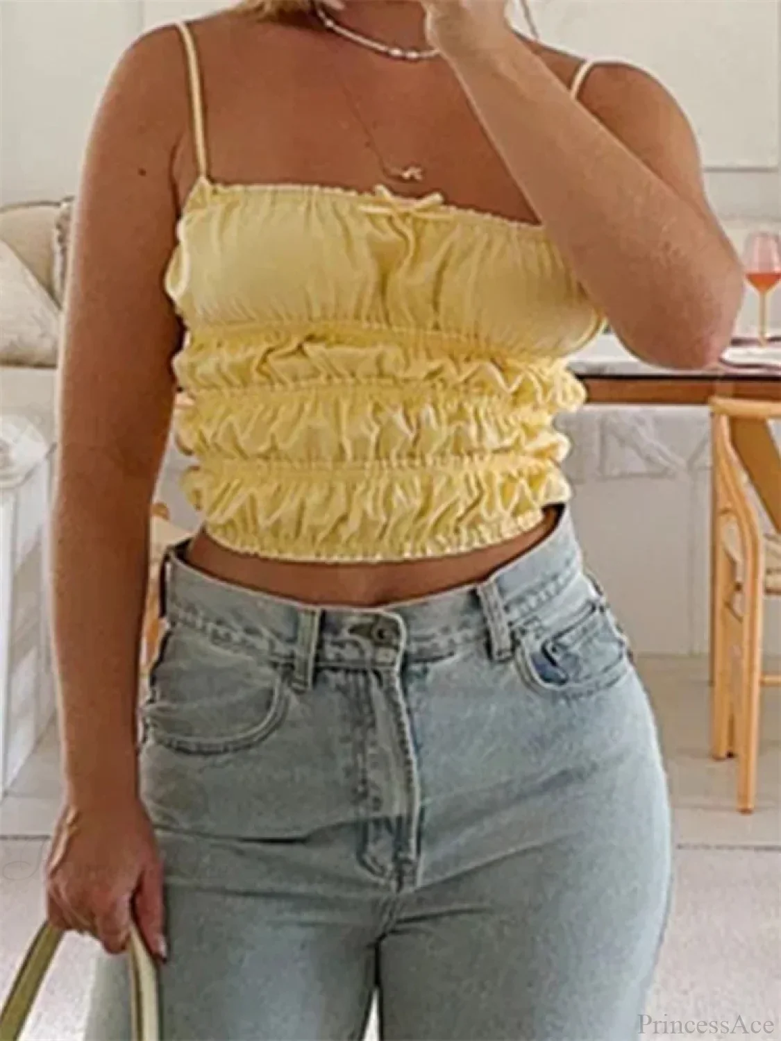Vintage Ruched Solid Bow Slim Crop Top - Image 3