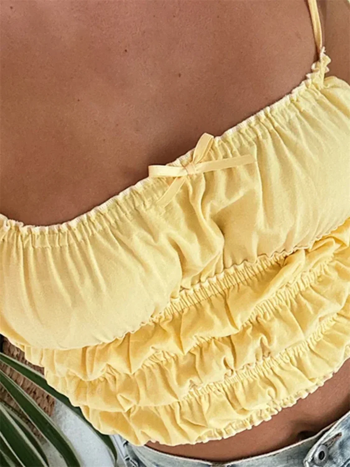 Vintage Ruched Solid Bow Slim Crop Top - Image 6