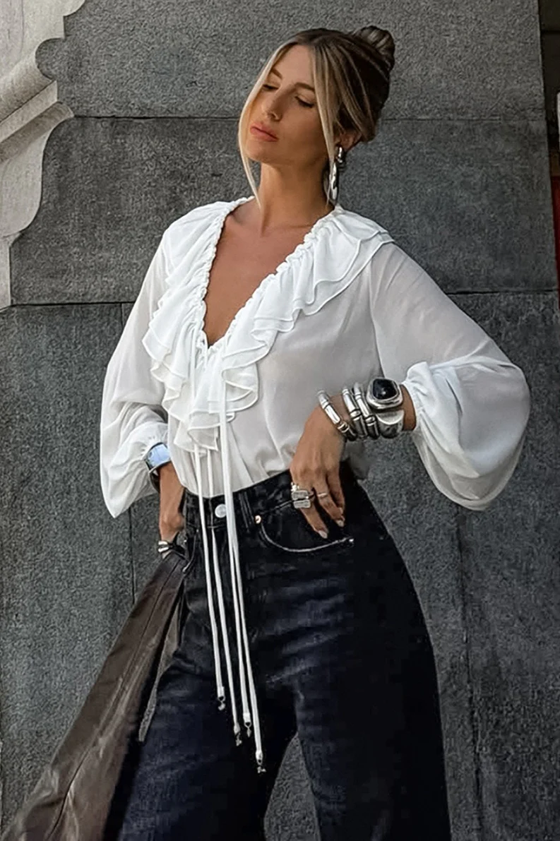 Vintage Ruffle Tie V-Neck Lantern Sleeve Blouse - Image 2