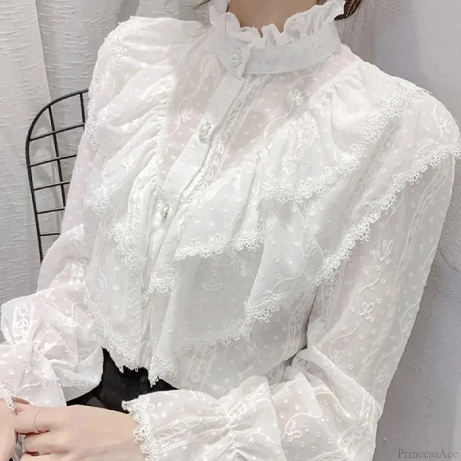 Vintage Ruffled Lace White Shirt Long Sleeve Casual Blouse - Image 4
