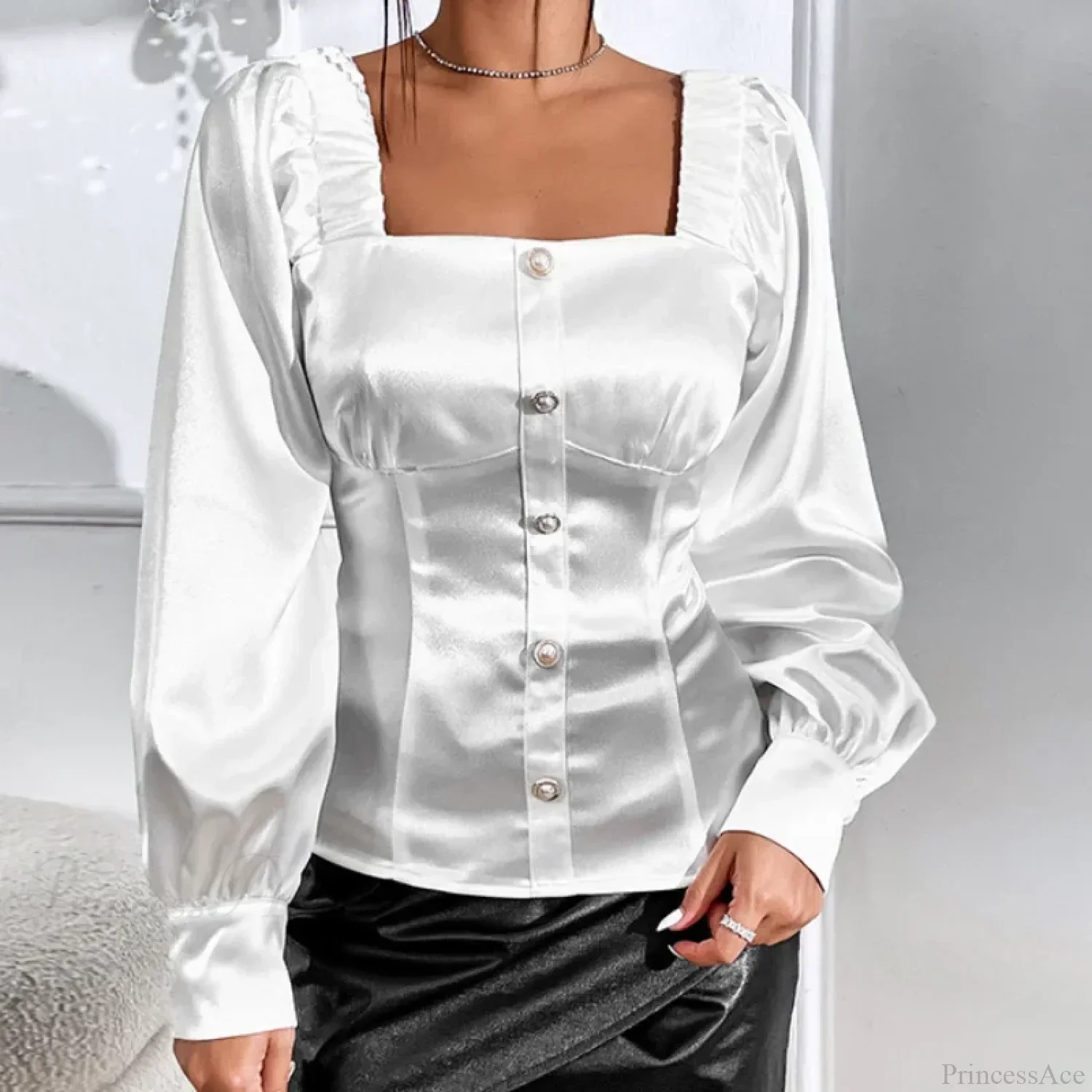 Vintage Satin Loose Long Sleeve Blouse Blusas - Image 3