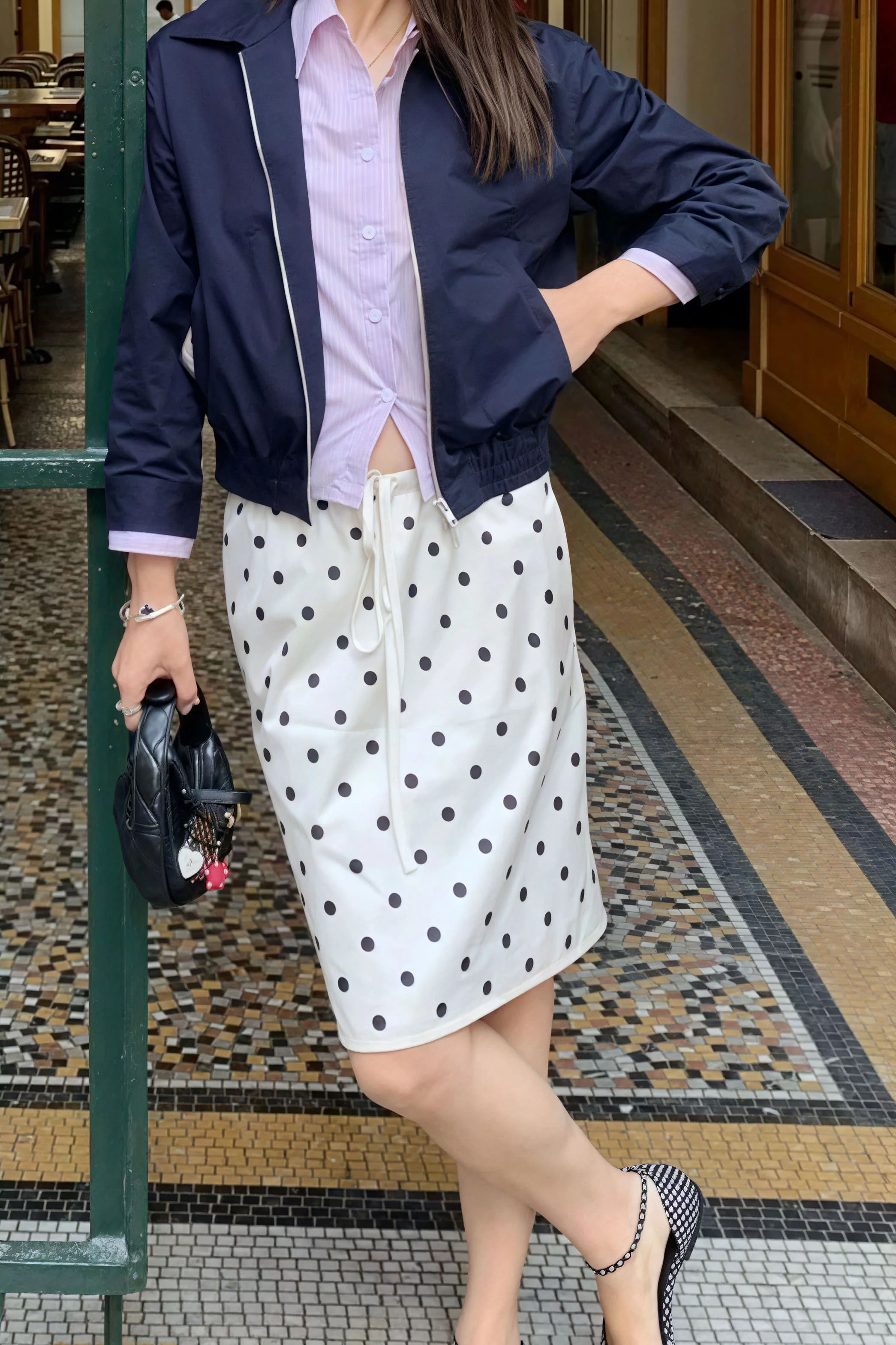 Vintage Satin Polka Dot Drawstring Midi Skirt - Image 2