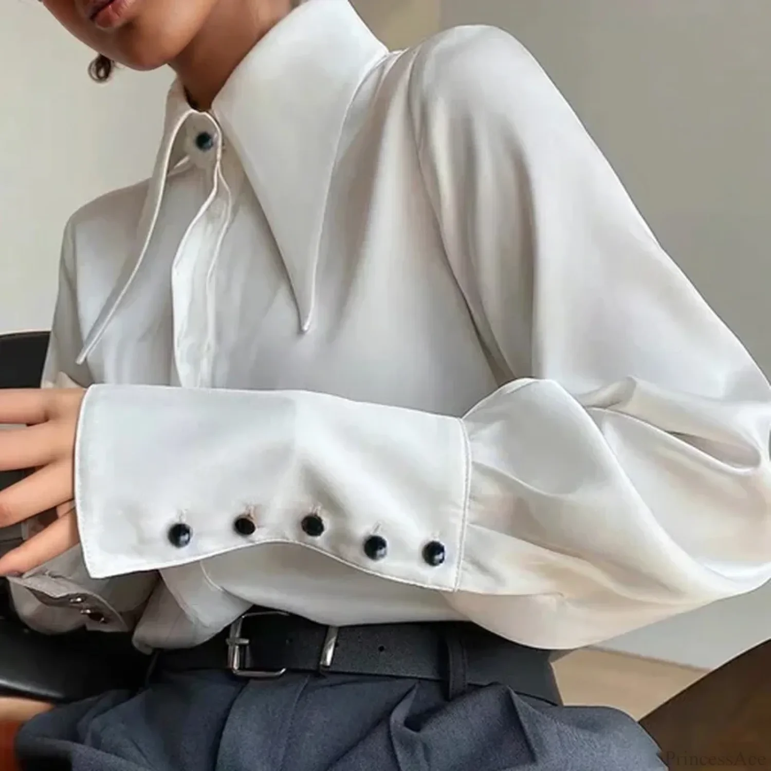 Vintage Satin Silk Turn Down Collar Blouse - Image 7