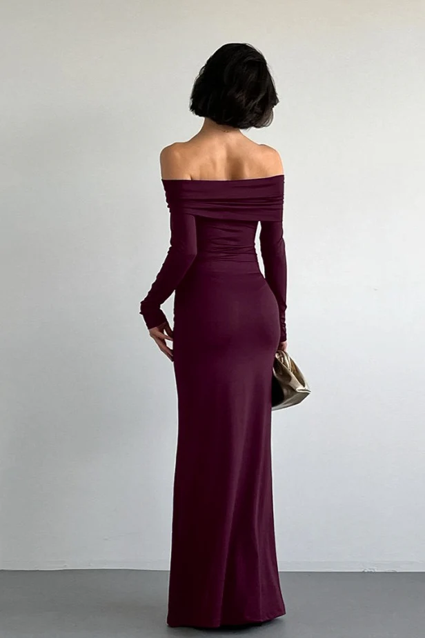 Vintage Solid Off-the-shoulder Bodycon Maxi Dress - Image 2