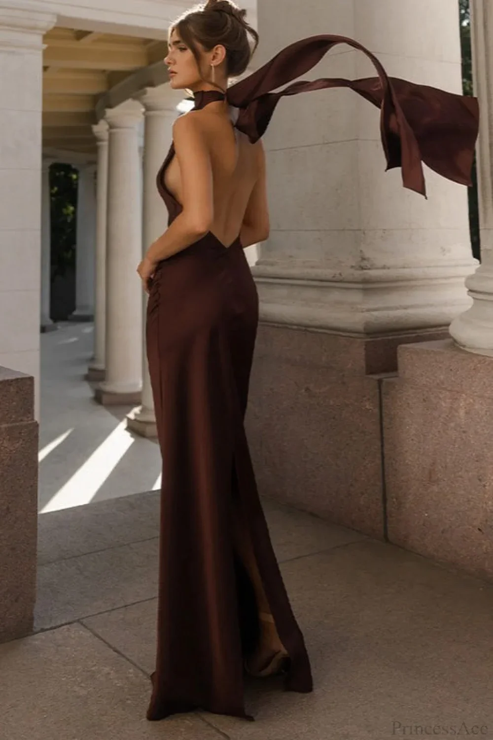 Vintage Solid Satin Backless Maxi Dress - Image 5