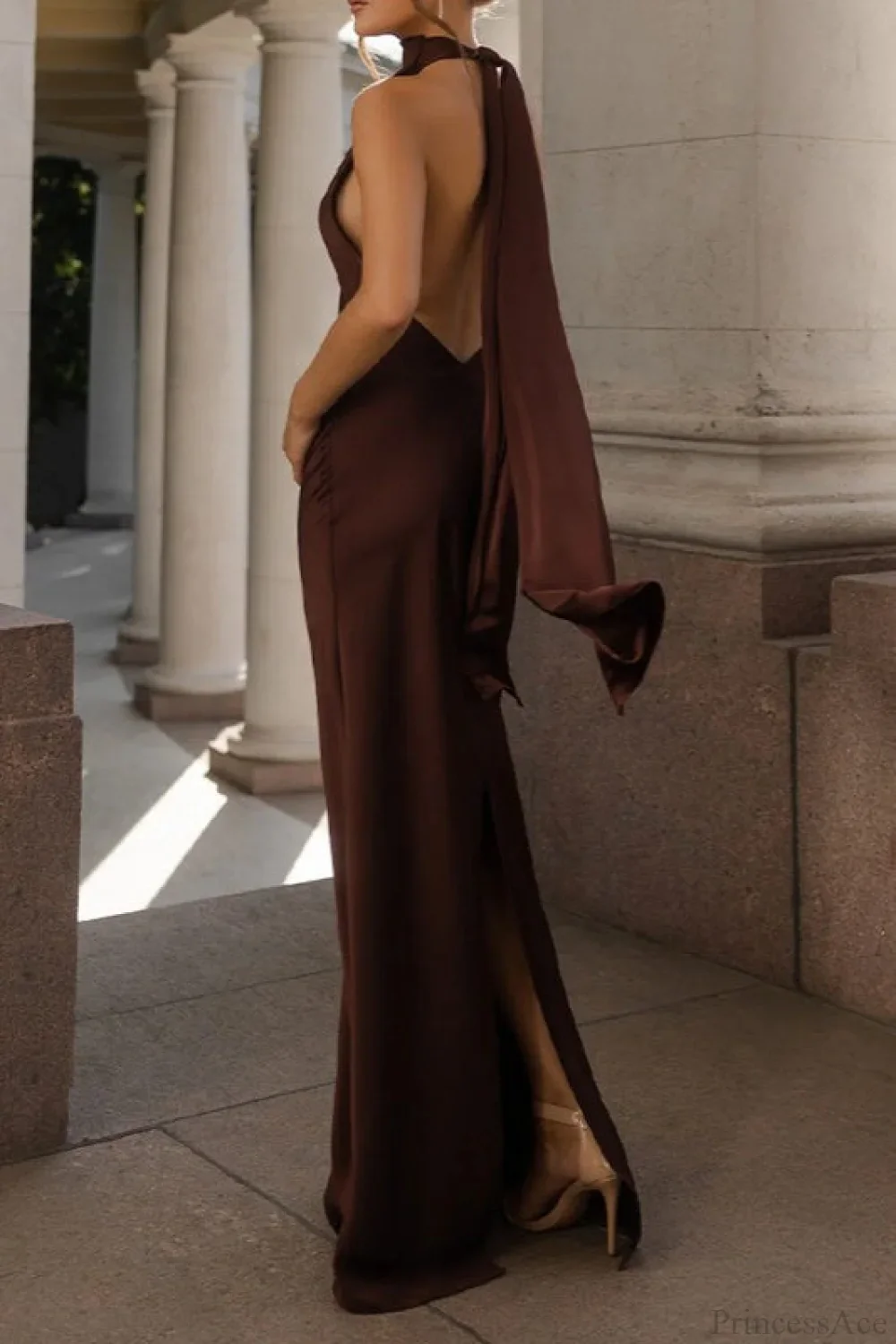 Vintage Solid Satin Backless Maxi Dress - Image 6