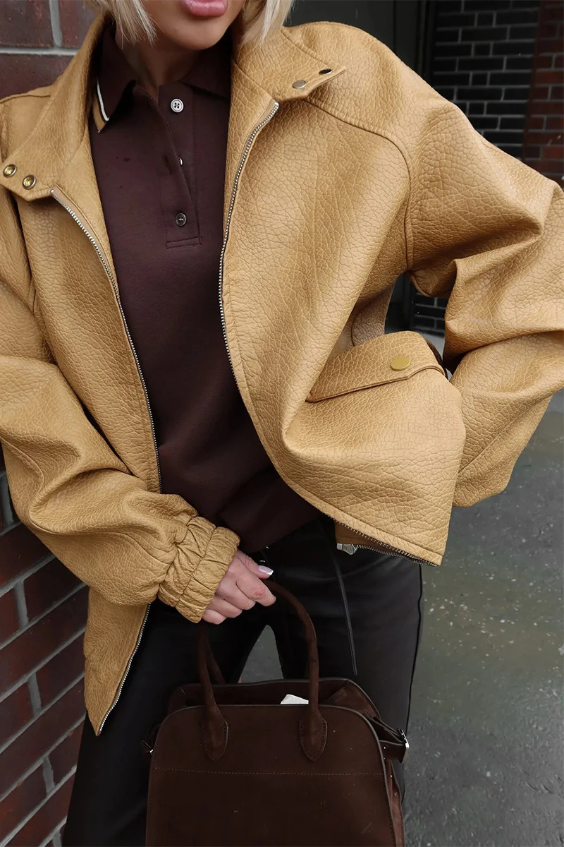 Vintage Stand Collar PU Leather Jacket - Image 2