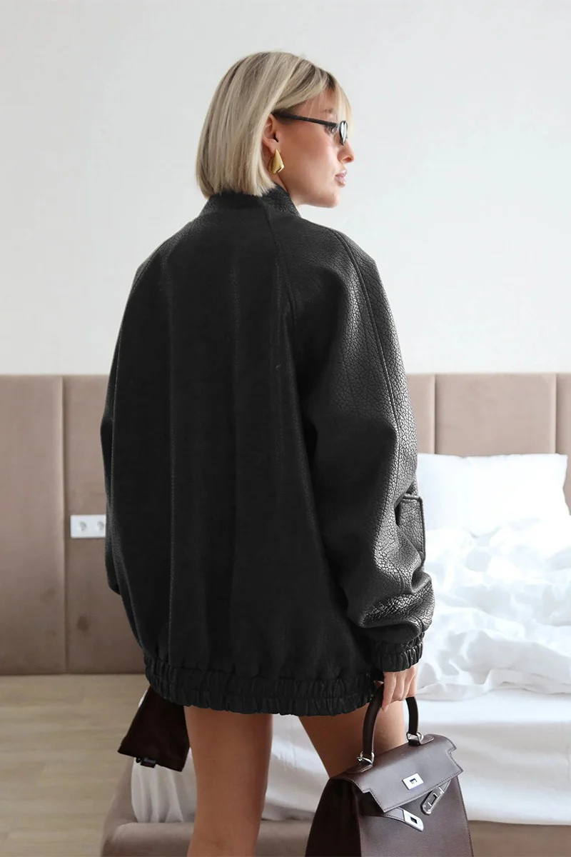 Vintage Stand Collar PU Leather Jacket - Image 6