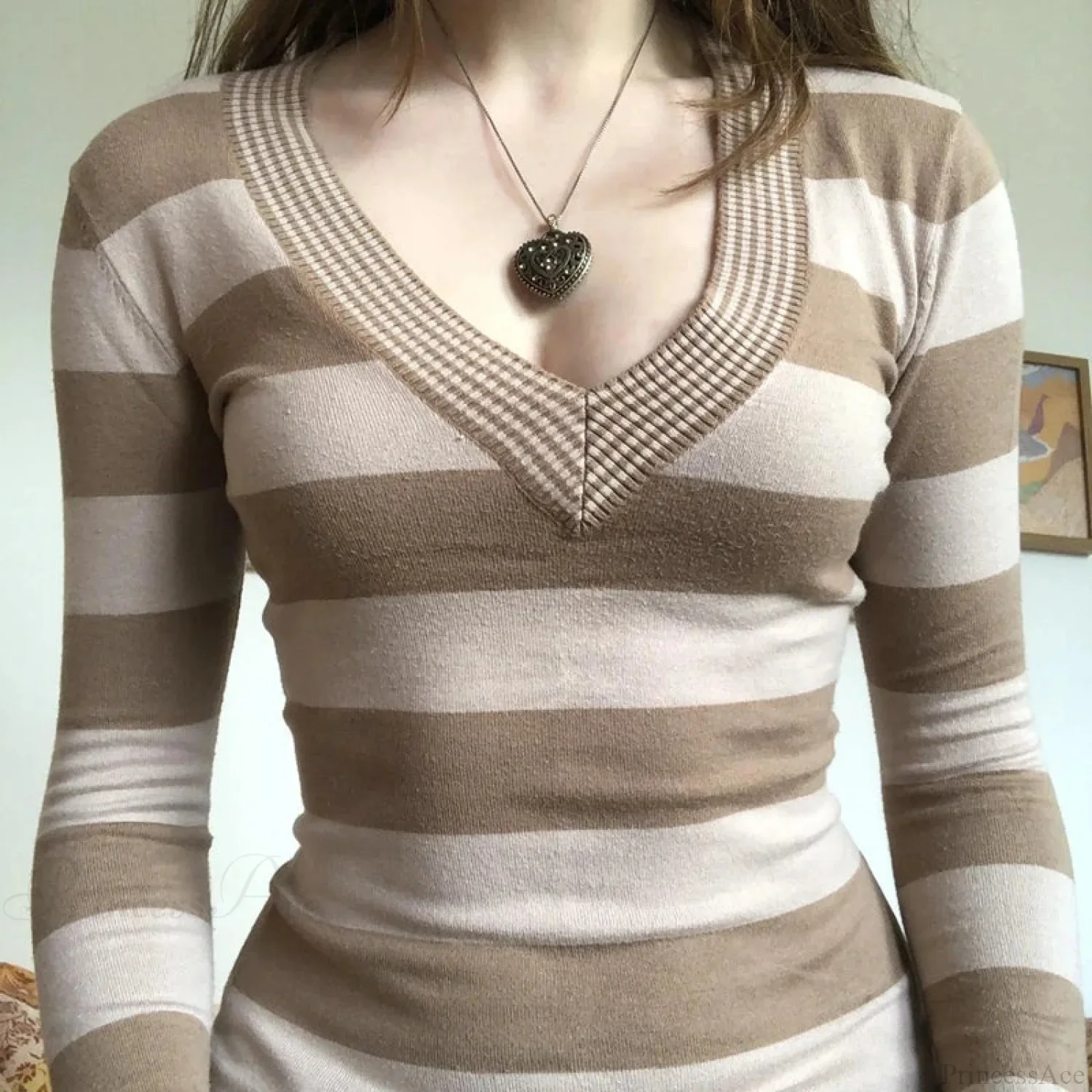 Vintage Striped T-shirt V-Neck Long Sleeve Knit Top Women - Image 3