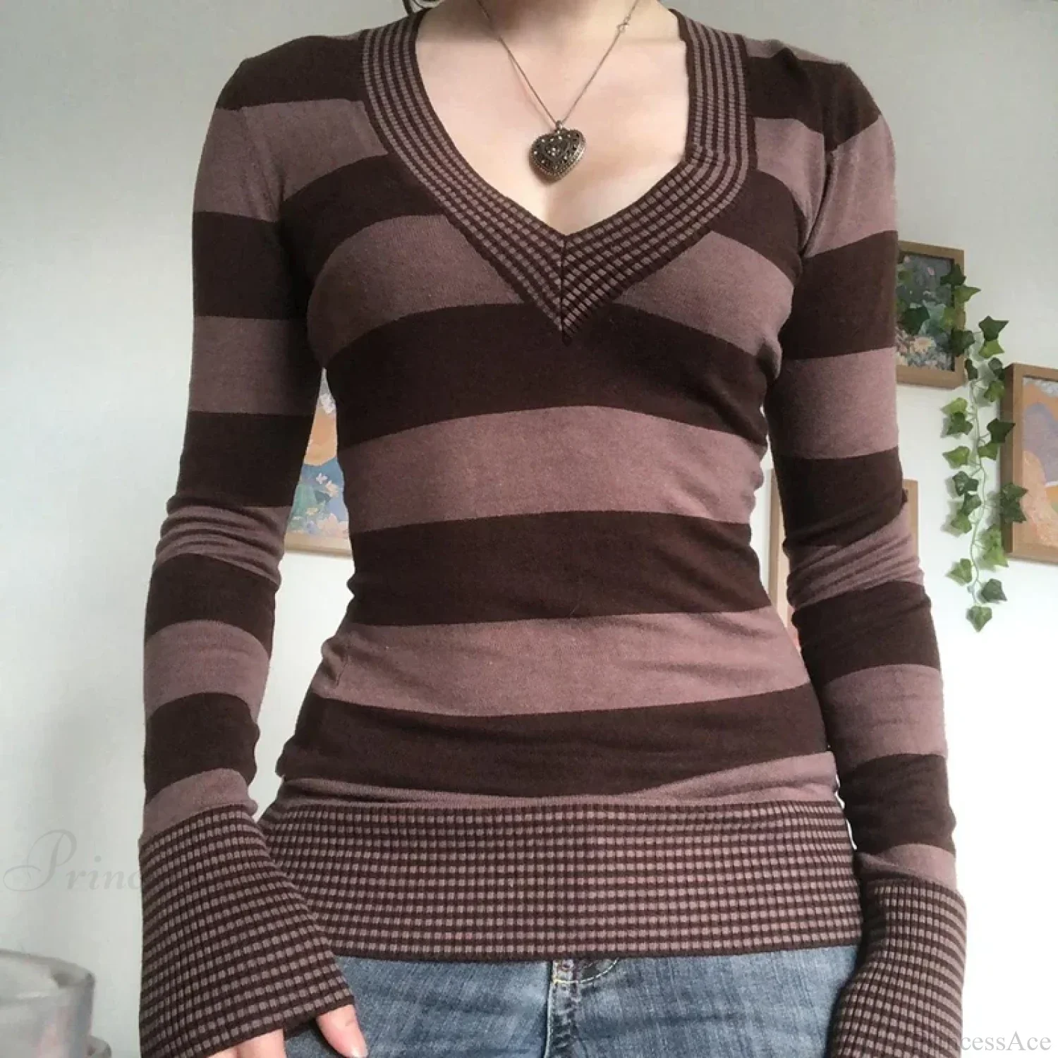 Vintage Striped T-shirt V-Neck Long Sleeve Knit Top Women - Image 6