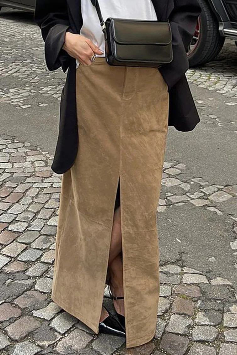 Vintage Suede Brown High Waist Split Midi Skirt - Image 4