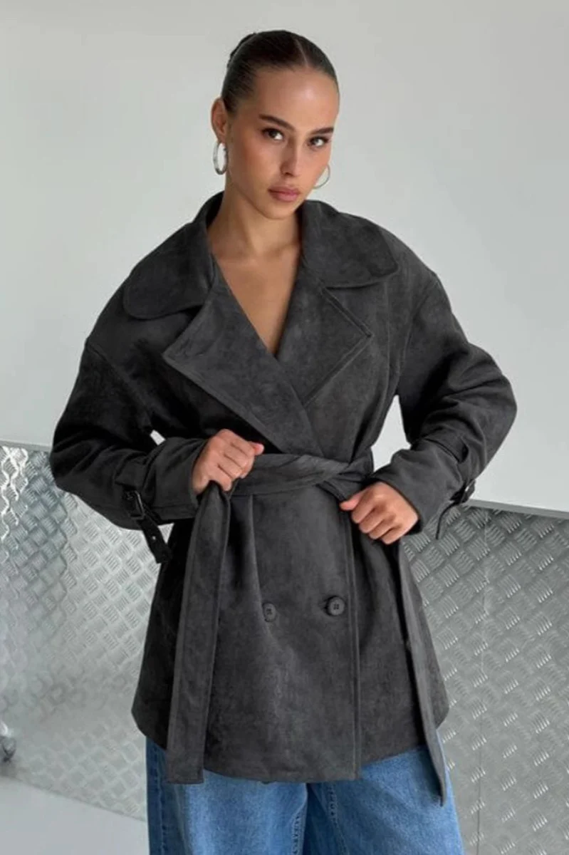Vintage Suede Lapel Tie Waist Jacket Coat - Image 12
