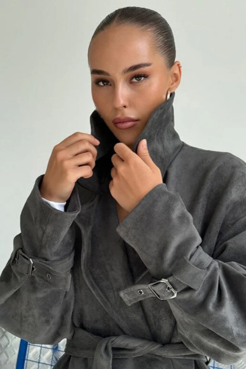Vintage Suede Lapel Tie Waist Jacket Coat - Image 15
