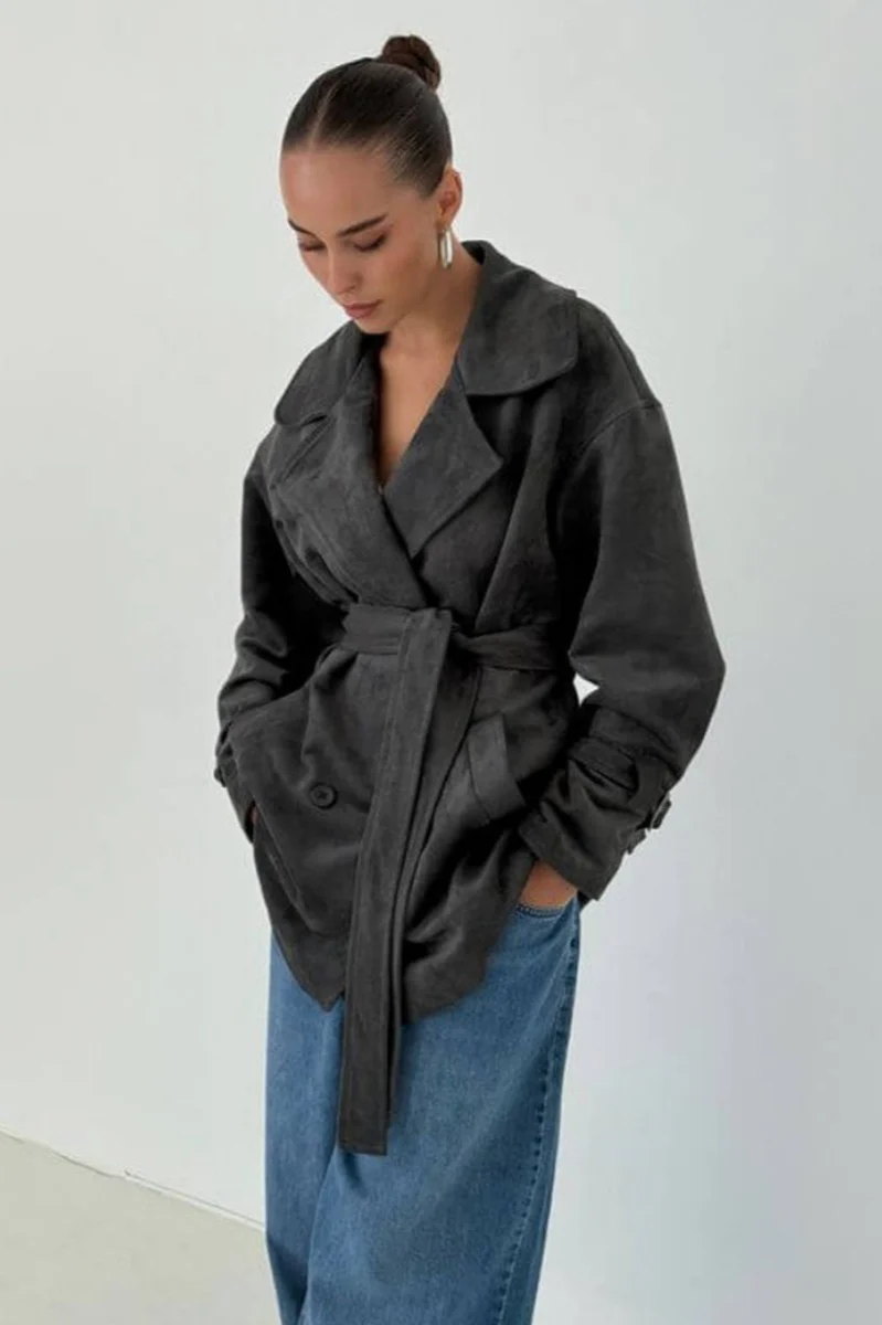 Vintage Suede Lapel Tie Waist Jacket Coat - Image 16