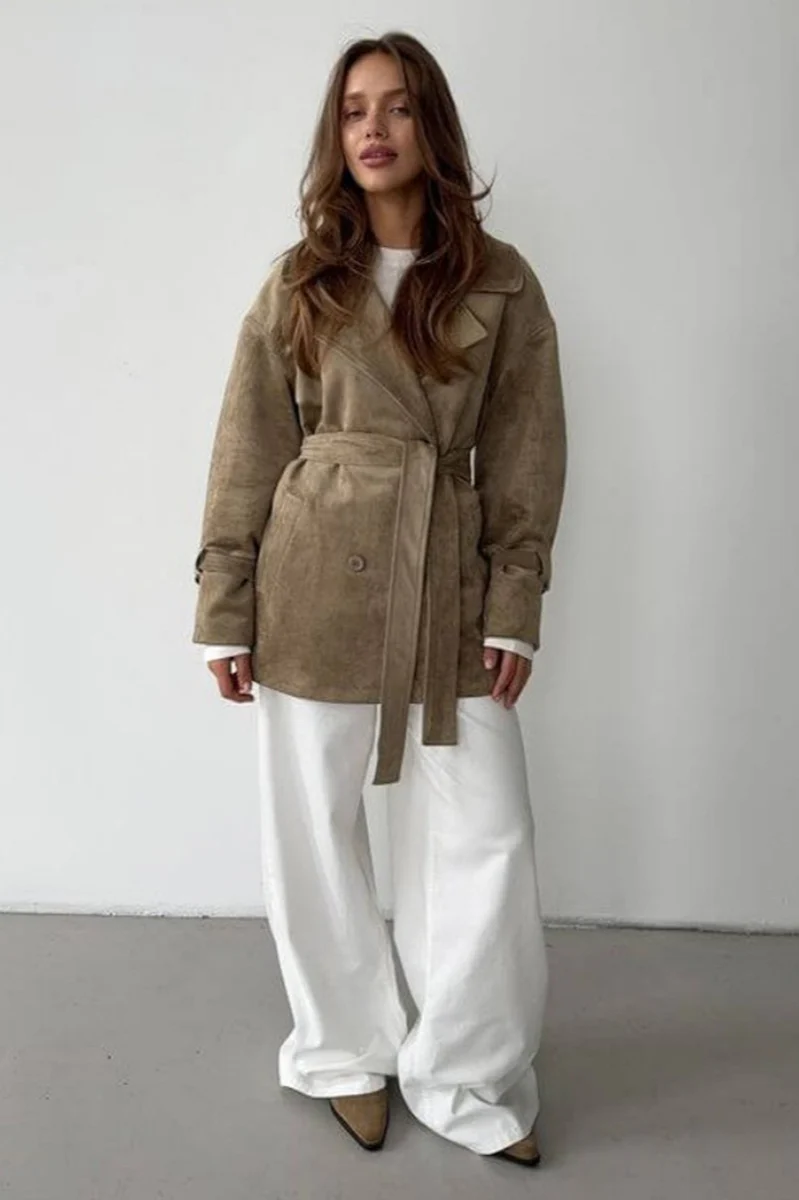 Vintage Suede Lapel Tie Waist Jacket Coat - Image 4