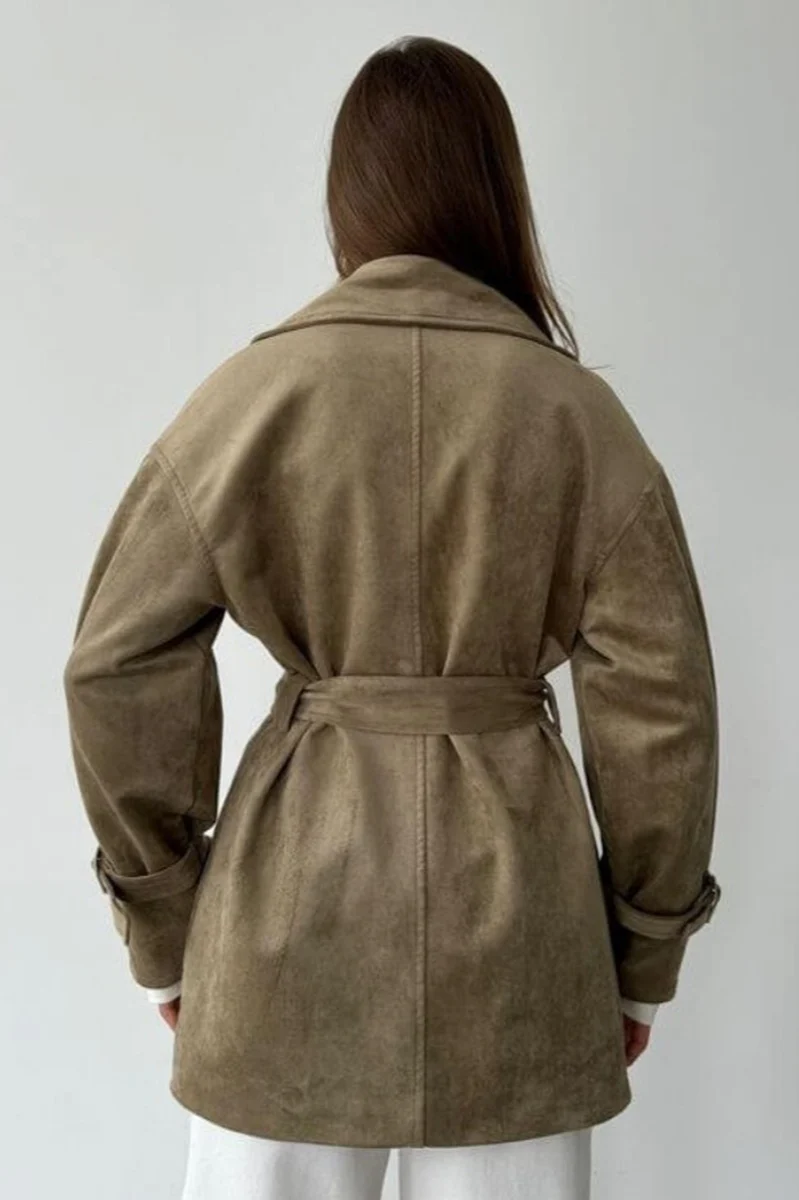 Vintage Suede Lapel Tie Waist Jacket Coat - Image 5