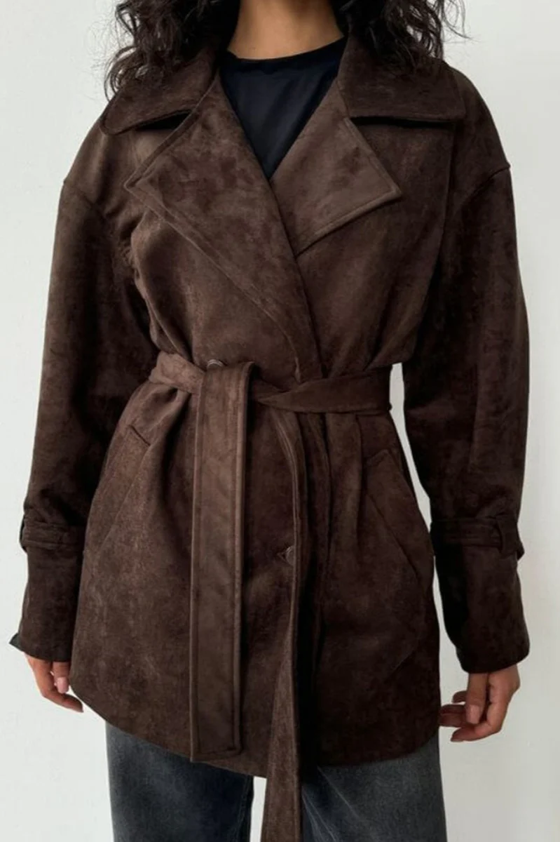 Vintage Suede Lapel Tie Waist Jacket Coat - Image 7