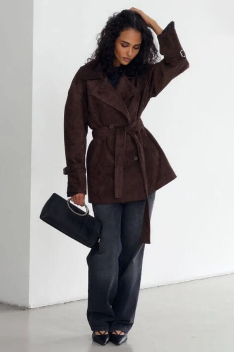 Vintage Suede Lapel Tie Waist Jacket Coat - Image 9