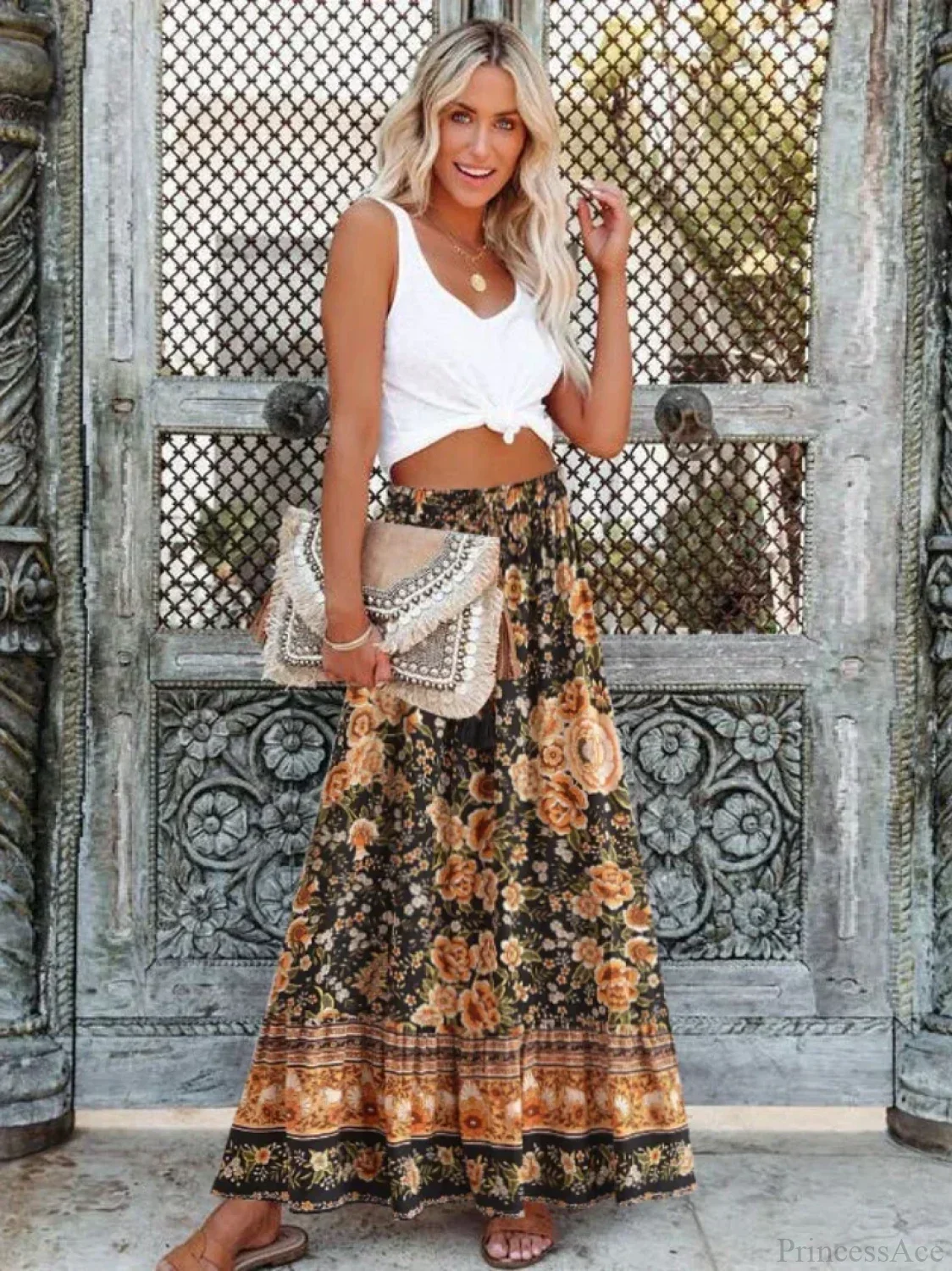 Vintage Summer Floral Print Beach Bohemian Pleated Skirt High Waist A-Line - Image 2