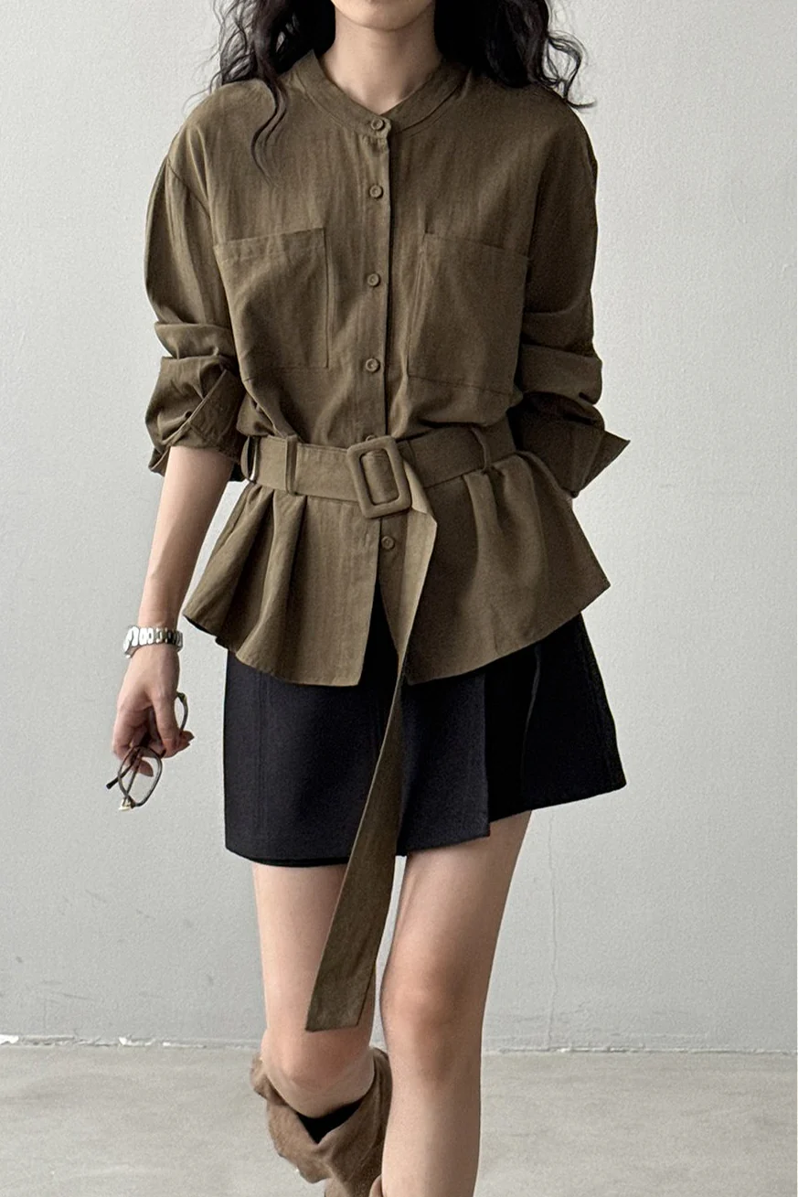 Vintage Waist Cinched Belted Long Sleeve Blouse
