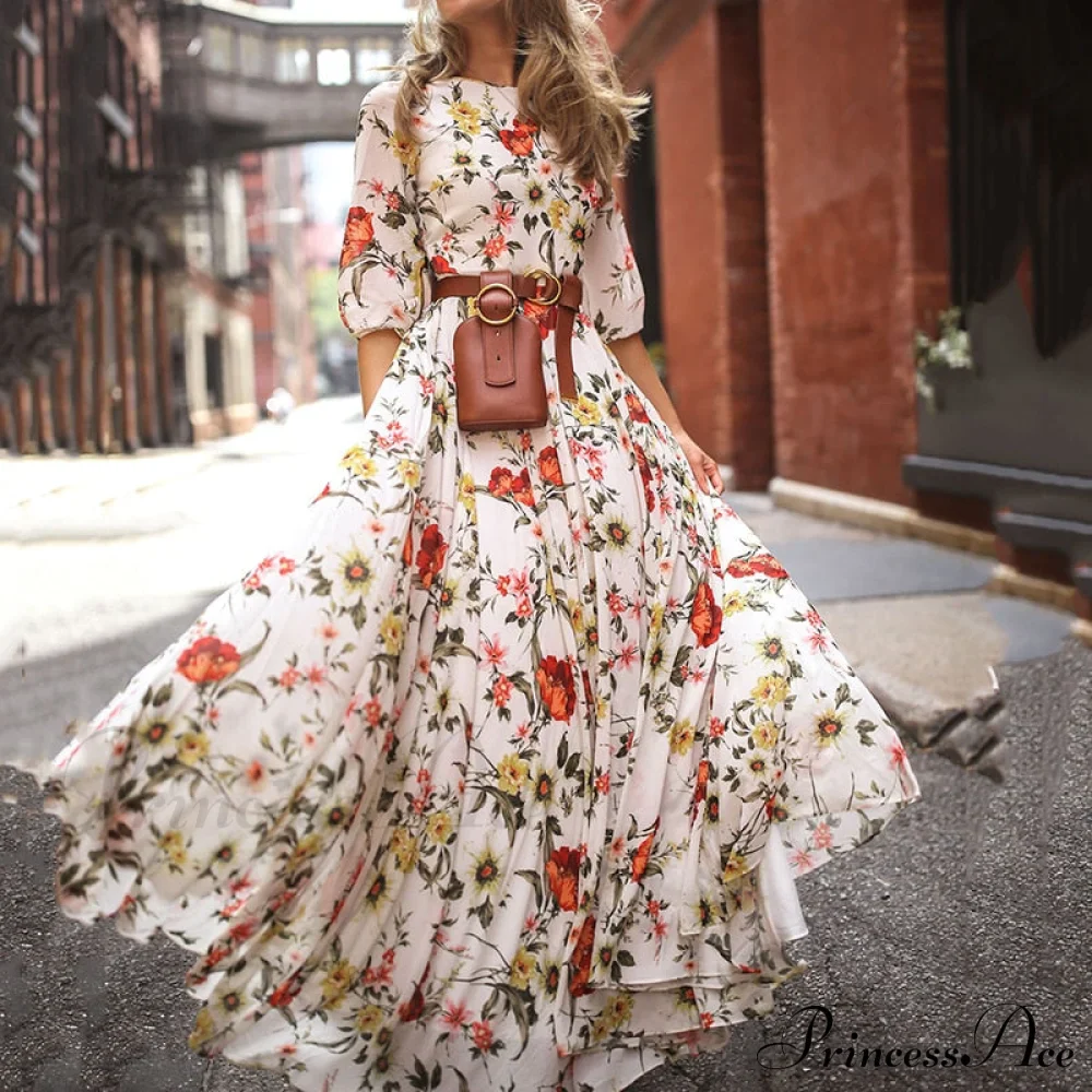 Vintage Warm-Season Printing Gown Flowered Long Fashion Elegant Three Party Quarter O-Neck Arm Streetwear - Image 2