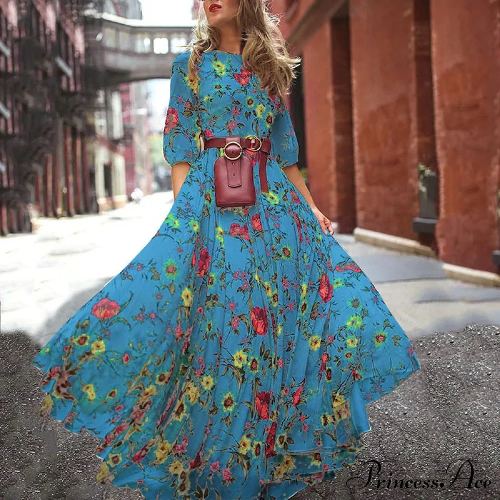 Vintage Warm-Season Printing Gown Flowered Long Fashion Elegant Three Party Quarter O-Neck Arm Streetwear - Image 3